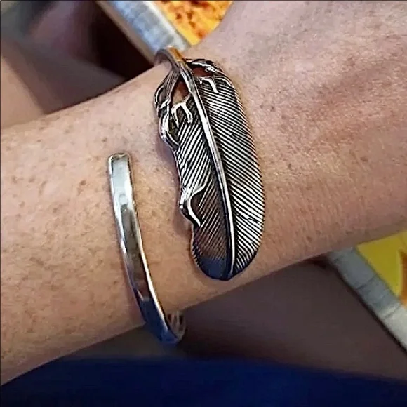 Silver Feather Bangle Cuff Bracelet - Picture 8 of 9